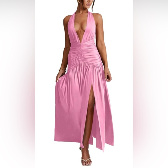 Ekaliy Women'sHalter Deep V Neck Maxi Backless High Slit Ruched Dress  XL NWT - Picture 1 of 3